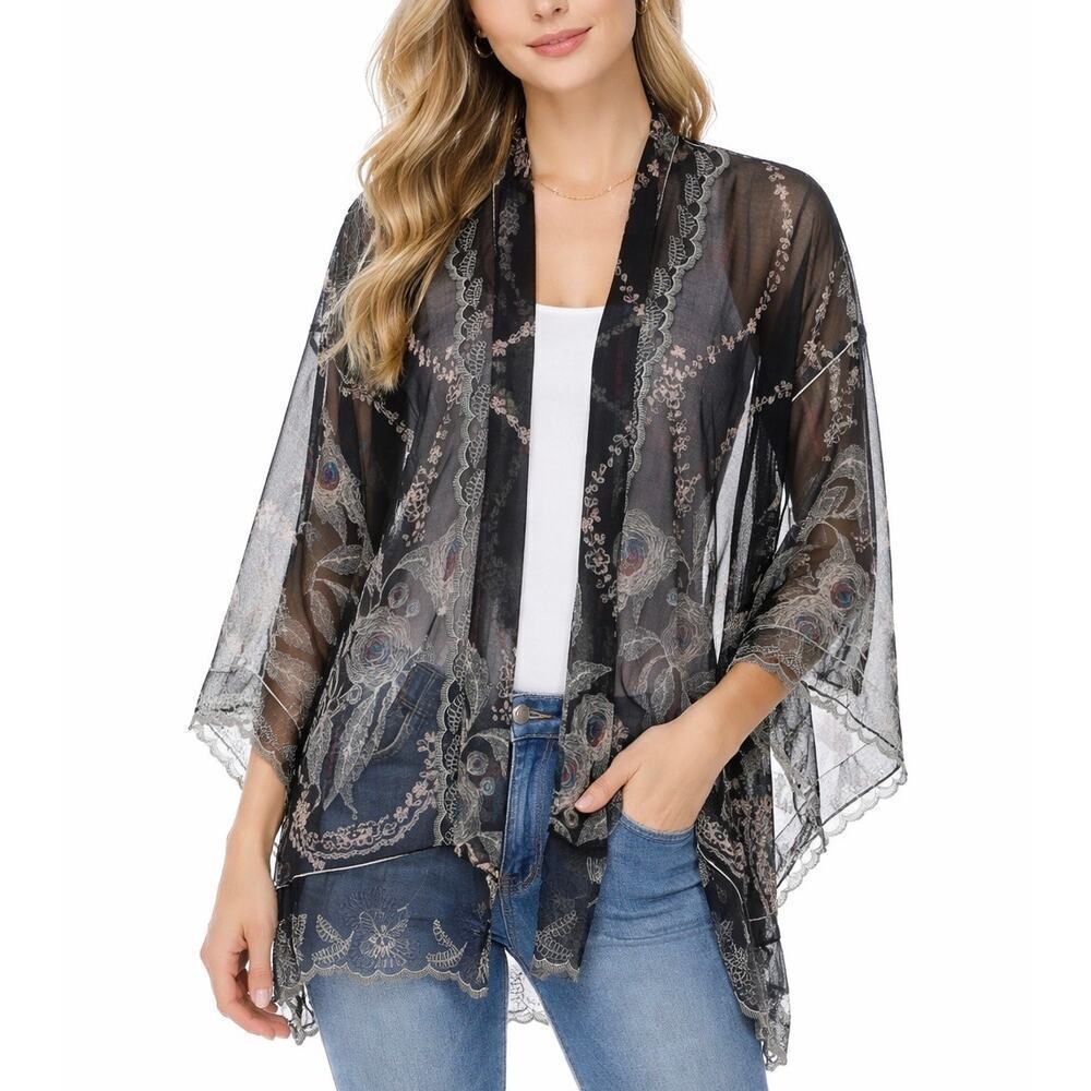 Anna Sui USA Made Printed Sheer Lace Open Cardigan M/L Fairy Grunge Whimsygoth